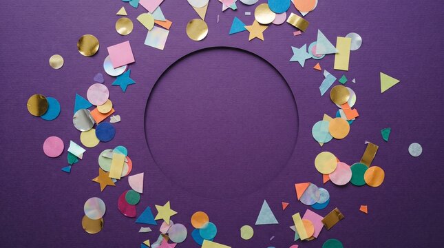 Colorful confetti scattered around a large circular cutout on a purple background