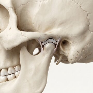 3D anatomical illustration of human temporomandibular joint TMJ articular disc and mandibular condyle