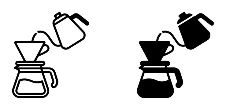 Pour Over Coffee Brewing Icons, Manual Drip Coffee Maker Set, Hot Beverage Preparation Vector Graphics