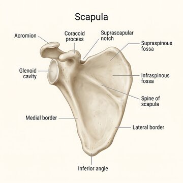 3D anatomical infographic of human scapula bone labeling acromion glenoid cavity and supraspinous fossa
