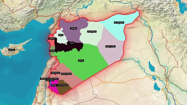 3D Animated Map of Syria Highlighting Governorates, Flag Overlay, and Euphrates River