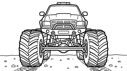 Monster Truck Coloring Page with Large Tires Front View Line Art © Agung