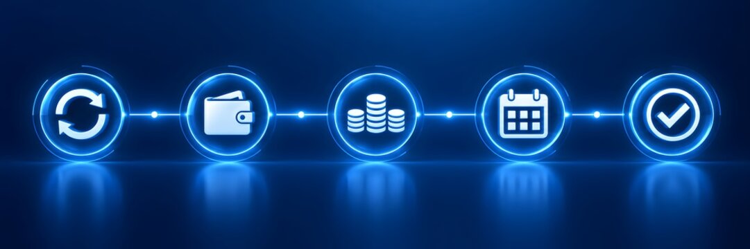 Glowing blue digital interface with connected finance icons illustrating automated payment processing workflow and successful subscription billing schedule