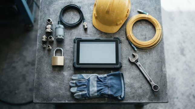 Flat lay of padlock rugged tablet cable glands waterproof sensor valve wrench safety gloves hardhat and fiber optic cable on workbench