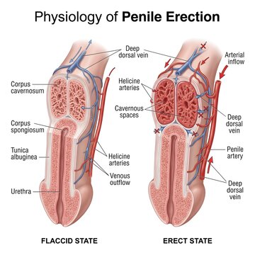Physiology of penile erection infographic comparison showing flaccid and erect anatomical states
