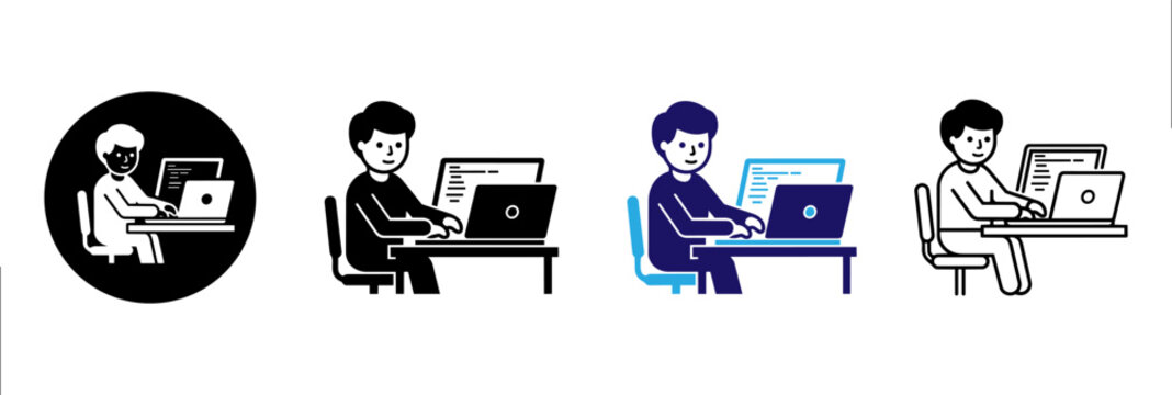 Programmer Working on Laptop Icon Set, Software Developer and Online Learning Vector Symbols