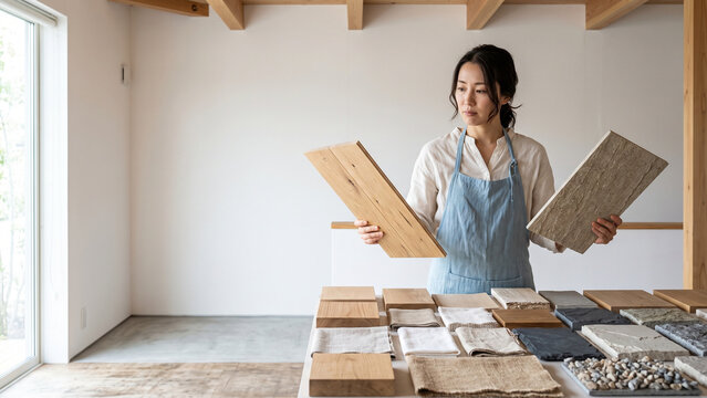 多くの内装サンプルを前に二枚の板を持って迷う女性