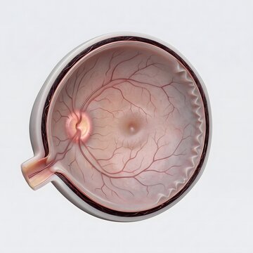 3D anatomical render of interior human retina showing macula optic disc and retinal vessels