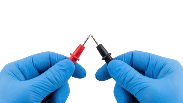 Hands with blue gloves holding red and black testing probes on transparent background