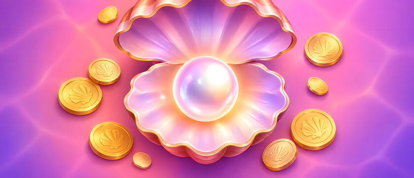 A glowing iridescent pearl sits inside an open seashell, surrounded by scattered gold coins on a vibrant pink-purple background.