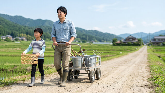 カートを引く父親とかごを持つ子どもが庭仕事の荷物を運ぶ場面