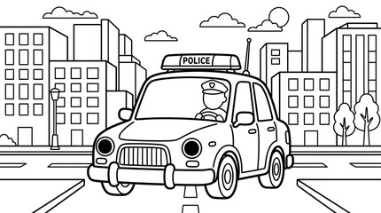 Police Car with Officer in City Background Coloring Page © Agung