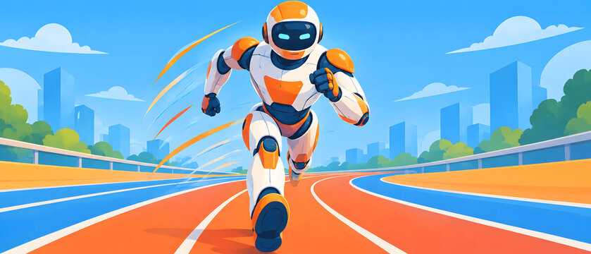 A futuristic orange and white robot sprints dynamically on a curved running track, with city buildings and green trees in the background under a clear blue sky.