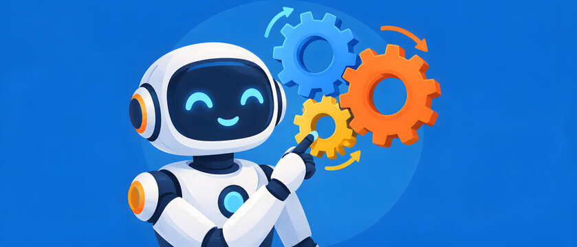 A friendly cartoon robot interacts with colorful gears, representing automation, technical systems, and modern technology in a stylized illustration.