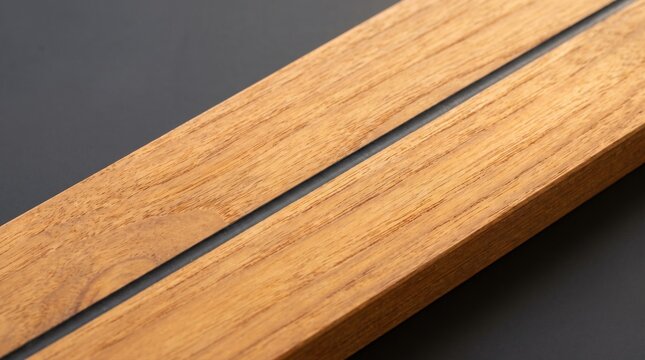 Two parallel teak wood planks joined by a dark seam against a neutral grey background