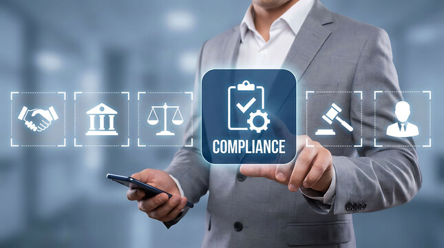 Businessman pressing compliance button with digital interface and icons in office