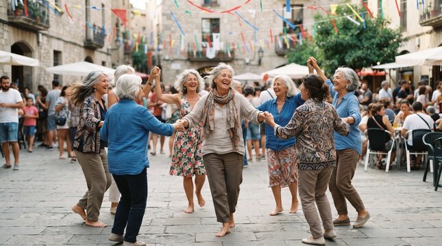 Mature women joyfully dancing in a circle during a festive outdoor celebration