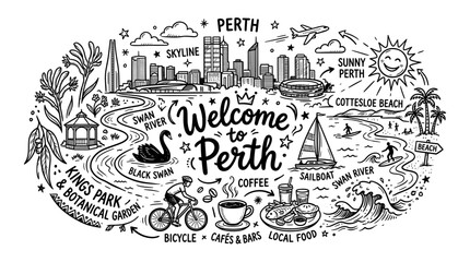 Fototapeta premium Hand Drawn Perth City Travel Doodle Illustration