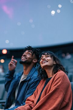 Smiling young couple looking up at star projections in a planetarium dome vertical portrait for romantic date night background and poster design