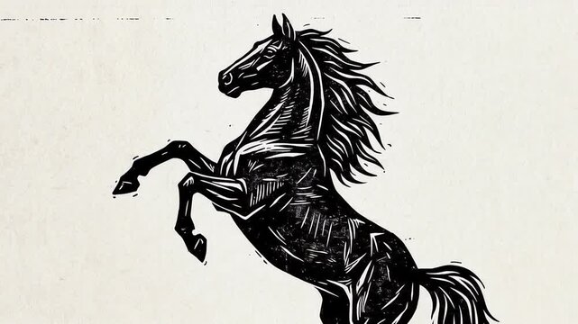 A traditional woodcut style illustration of a majestic rearing horse