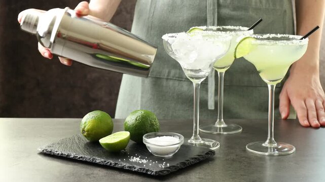 Woman using shaker to make margarita cocktail at grey table, closeup