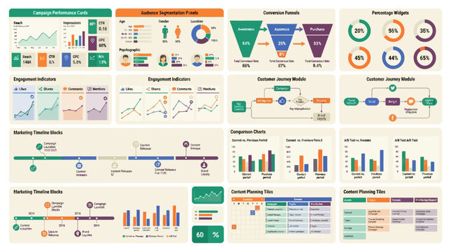Flat design vector infographic of a digital marketing dashboard showing charts, timelines, and customer journeys