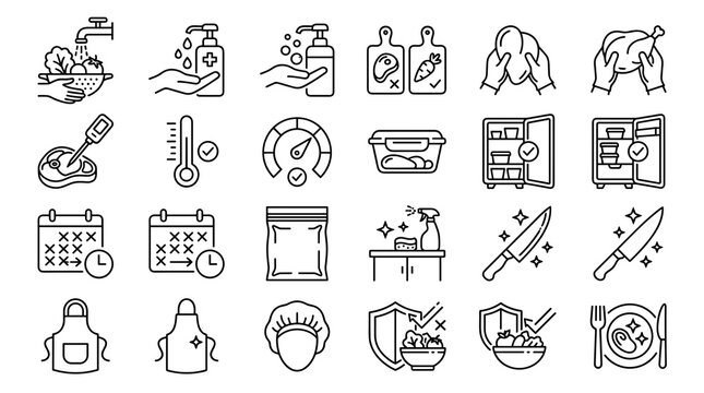 Food handling and preparation safety thin outline icon collection editable vector set