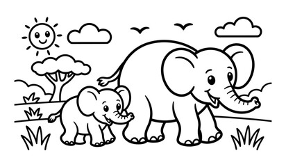 Obraz premium Coloring page of a cute mother elephant walking with her baby calf