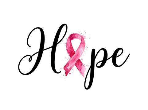 Hope word with watercolor pink breast cancer awareness ribbon