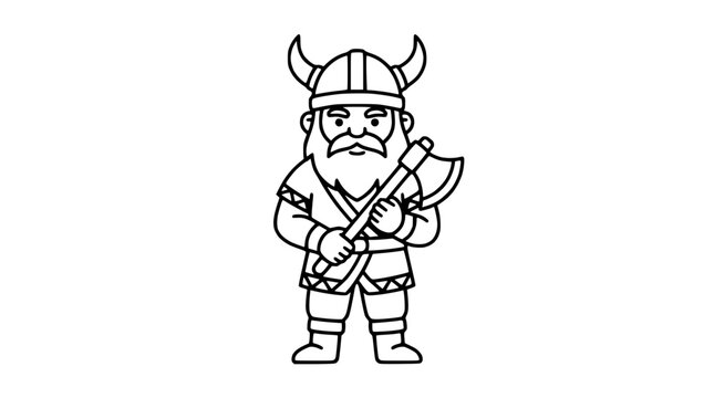 Viking warrior holding an axe cartoon line art illustration