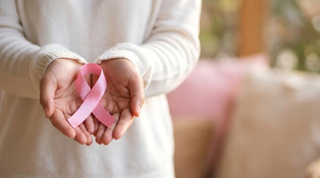 Woman holding a pink ribbon in her hands for breast cancer awareness