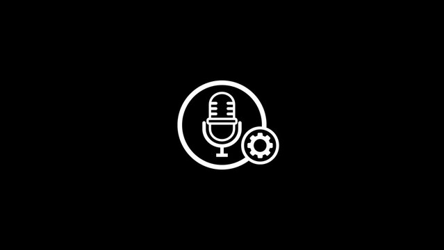 White circular microphone and gear setup icon design set against black background.