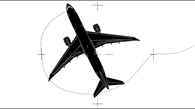 Flat vector silhouette of a modern commercial passenger airplane top view with technical lines
