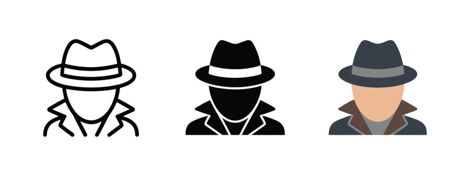 Spy agent icon, anonymous detective avatar with coat and hat representing secrecy, incognito identity, investigation, unknown person, hacker, thief, and mystery, EPS10.