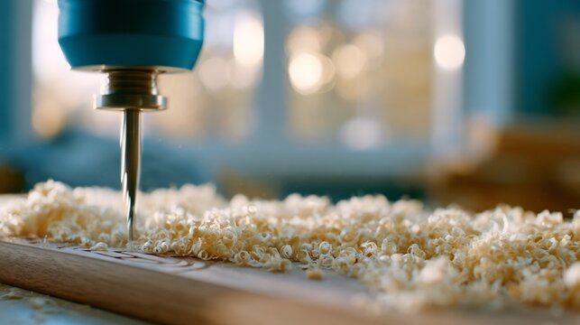 Automated CNC milling bit carving patterns into wood board with shavings - precision woodworking industry
