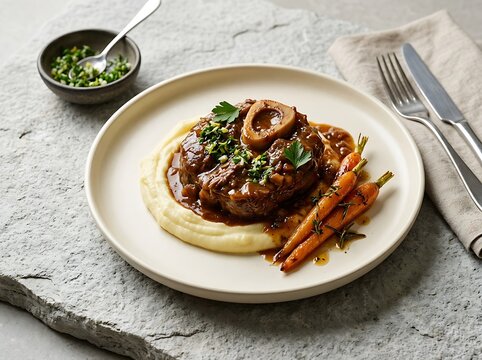 Delicious osso buco veal shank served with roasted carrots and creamy puree on a ceramic dinner plate. veal osso bucco