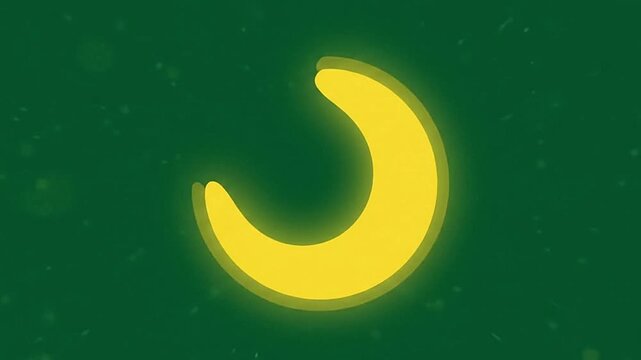 Glowing yellow crescent moon shape rotating in circular motion against a dark green particle background in this seamless video loop