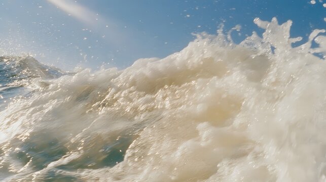 Cinematic Ocean Waves with Sparkling Sunlight and Foamy Sea Water Close Up