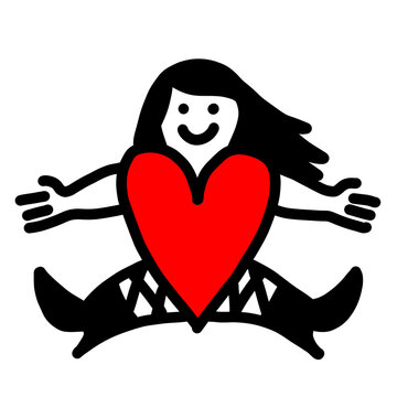 Happy figure embracing big red heart &mdash; love joy self-care bold art