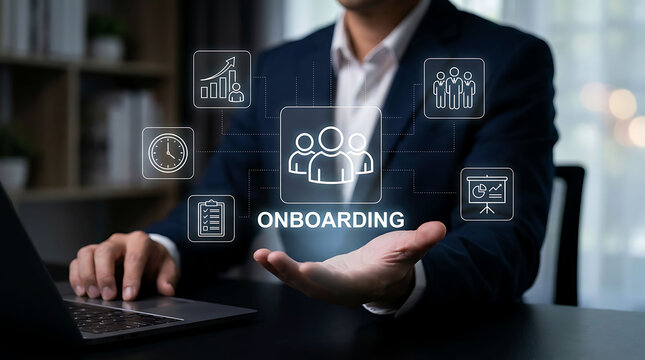 Professional businessman using laptop with glowing onboarding virtual interface