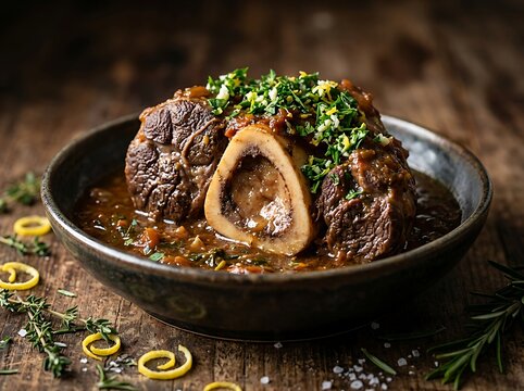 Delicious osso buco veal shank with fresh herbs and rich brown sauce served in a dark ceramic bowl. veal osso bucco