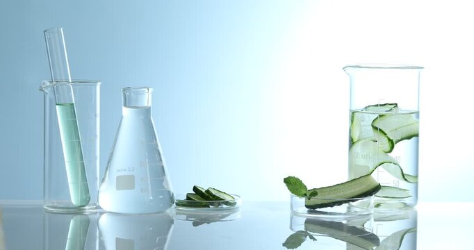 Woman putting test tubes with liquids into beaker and cucumber slices at table against light blue gradient background, closeup