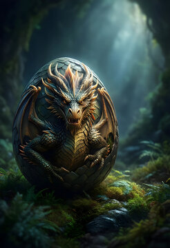 Fantasy rebirth and new beginnings, baby dragon hatching from a textured egg in a mystical forest with moss and soft light for creative storytelling