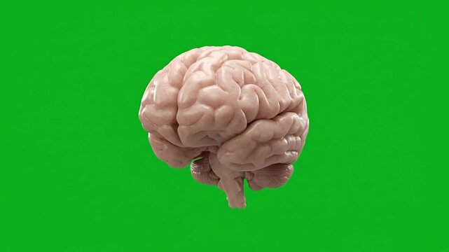 Anatomical human brain model rotating in slow motion against a bright green screen background for medical research digital animation clip
