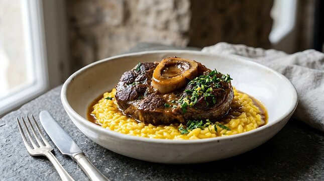 Delicious osso buco veal shank served with creamy saffron risotto in a grey rustic bowl on a table. veal osso bucco