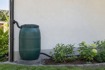 Obraz premium Rain Barrel Collecting Water from Garden Shed Roof