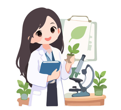 Billiards cartoon female scientist holding plant and book