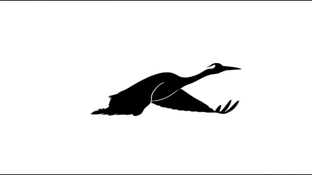 Isolated black silhouette of a flying heron bird on a white background