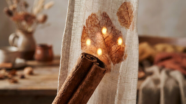 Macro detail of textured cinnamon sticks wrapped in linen with warm leaf backlight