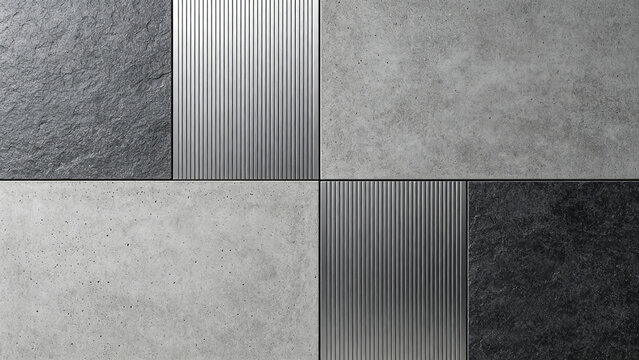 Monochrome architectural material samples in a 2x2 grid with stone, metal and concrete textures，Suitable for architectural material catalogs